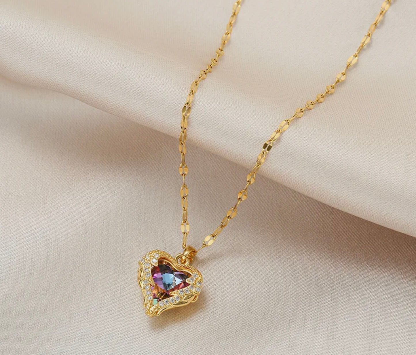 Deep Blue Hue Heart Pendant Gold-Plated Stainless Steel Cubic Zirconia Necklace