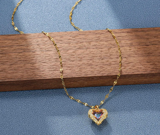 Deep Blue Hue Heart Pendant Gold-Plated Stainless Steel Cubic Zirconia Necklace