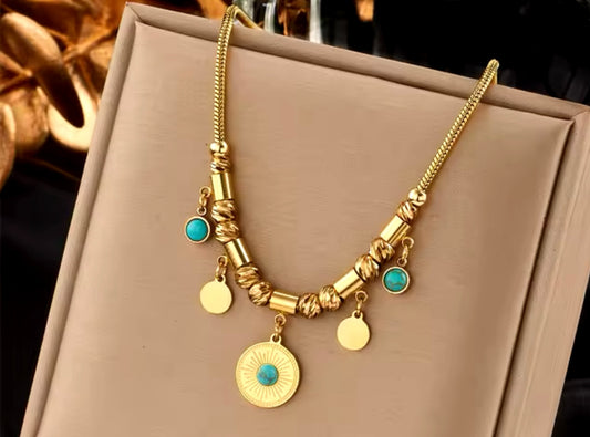 Circular Pendants with Turquoise Stones Gold-Plated Stainless Steel Necklace