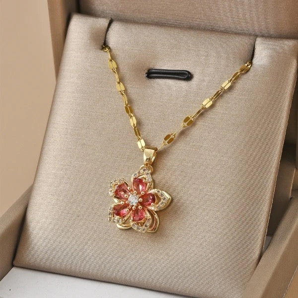 Red Flower Pendant Gold-Plated Stainless Steel with Cubic Zirconia Necklace