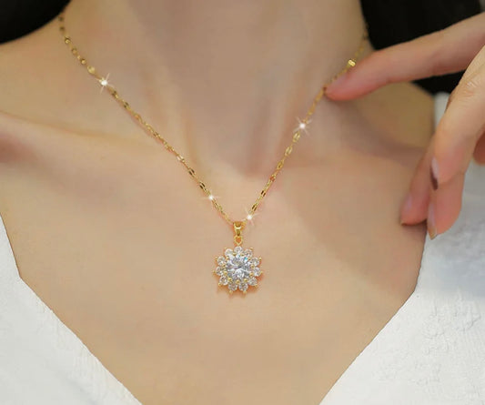 White Flower Pendant Gold-Plated Stainless Steel with Cubic Zirconia Necklace