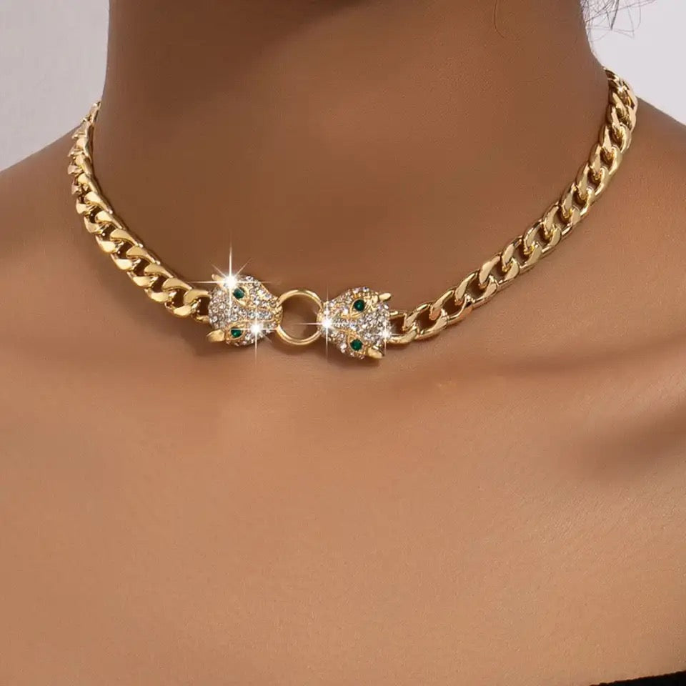 Owl Head Gold-Plated Stainless Steel Necklace with Cubic Zirconia Stones